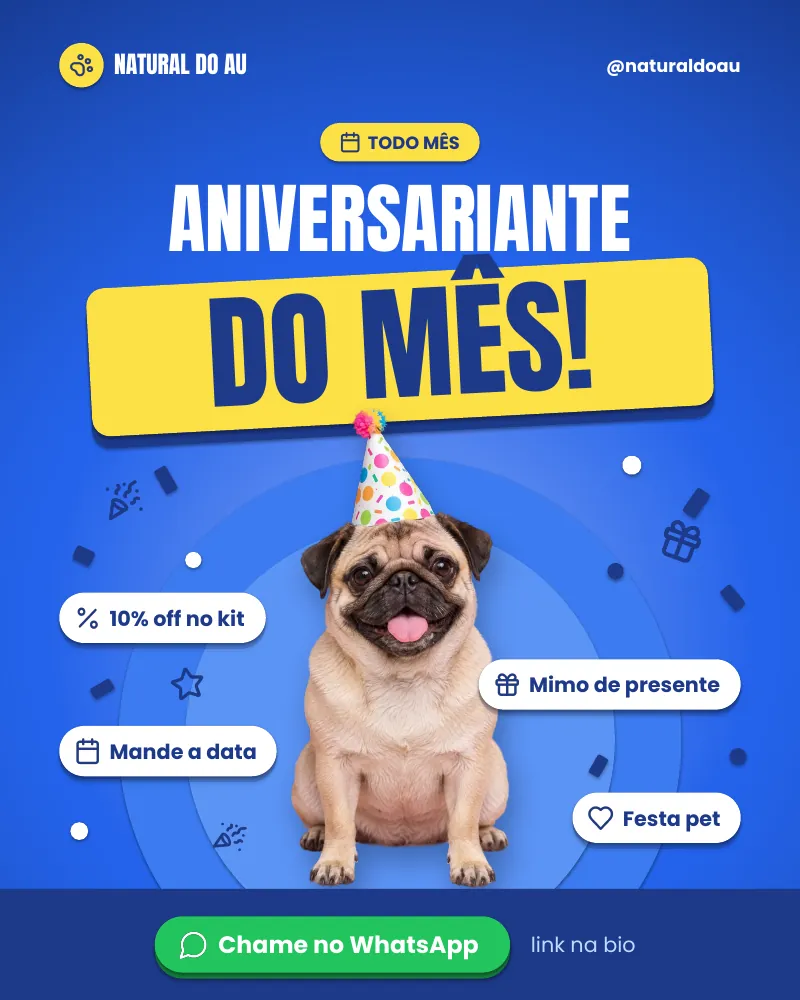Post “Seu pet faz aniversário este mês?” do Feed Pronto Comida Natural