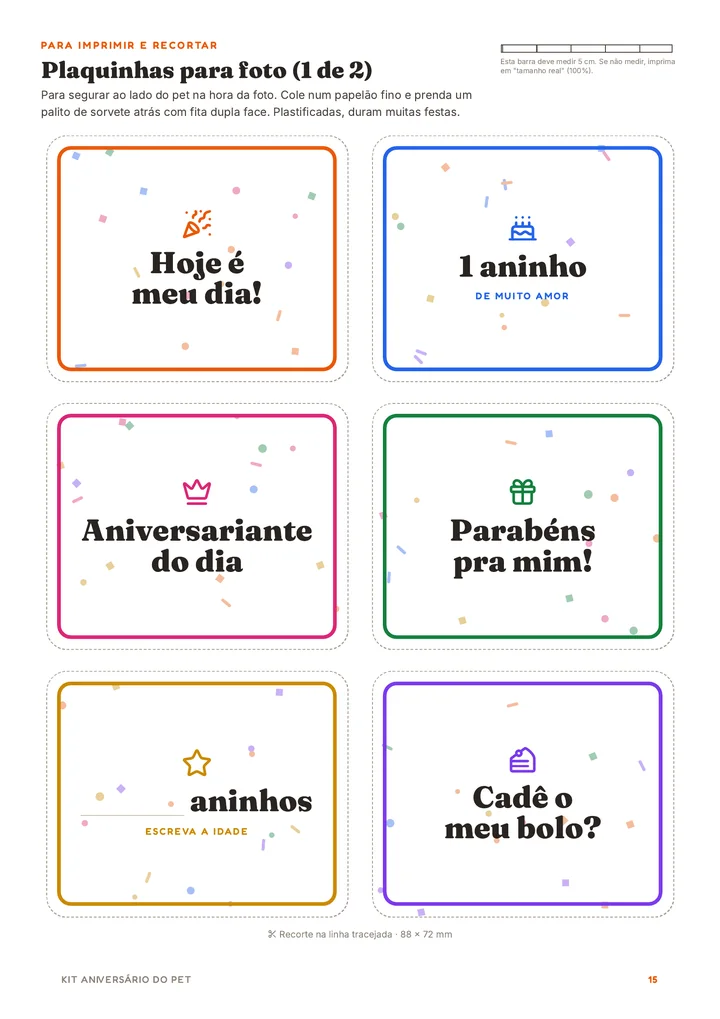 Página de plaquinhas para foto do Kit Aniversário do Pet