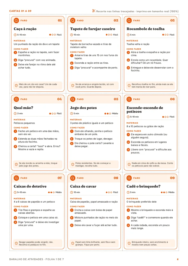 Folha com as cartas de faro 01 a 09 do Baralho de Atividades