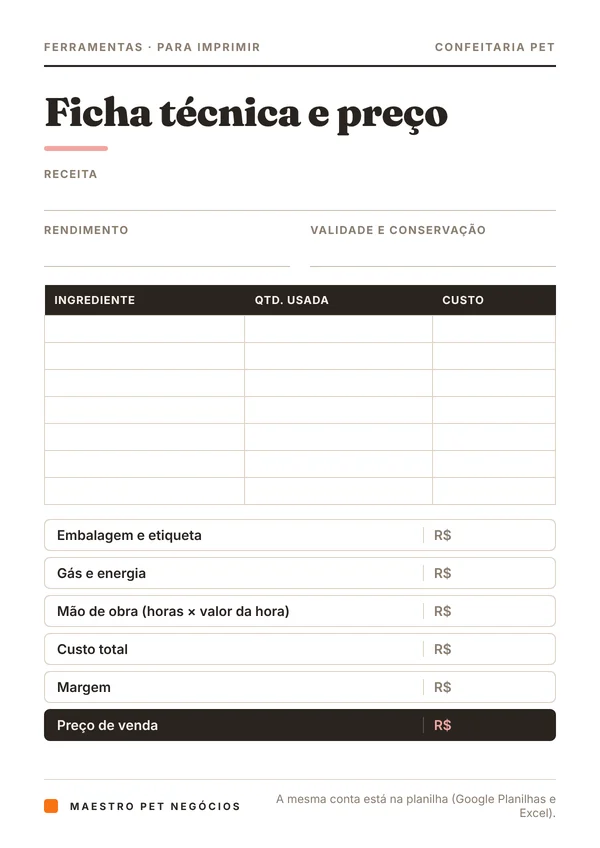 A ficha técnica e preço, para imprimir