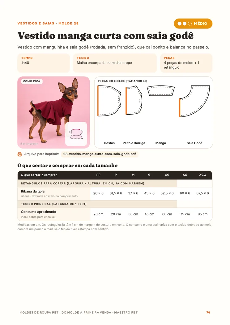 Vestido com saia godê: mais um exemplo de página de molde.