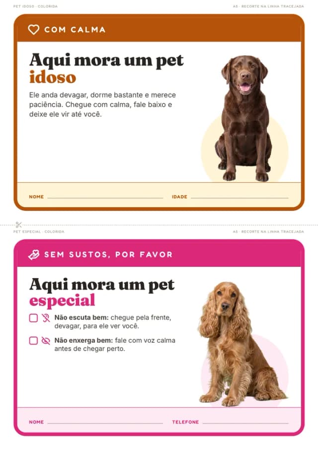 Pet idoso e pet especial, duas placas A5 por folha