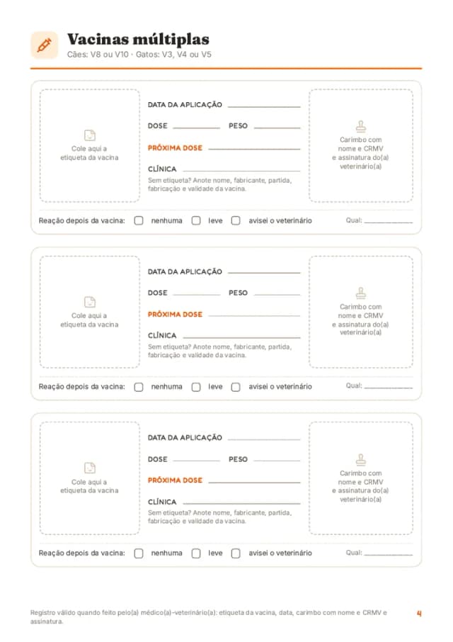 Uma página de vacinas da carteira