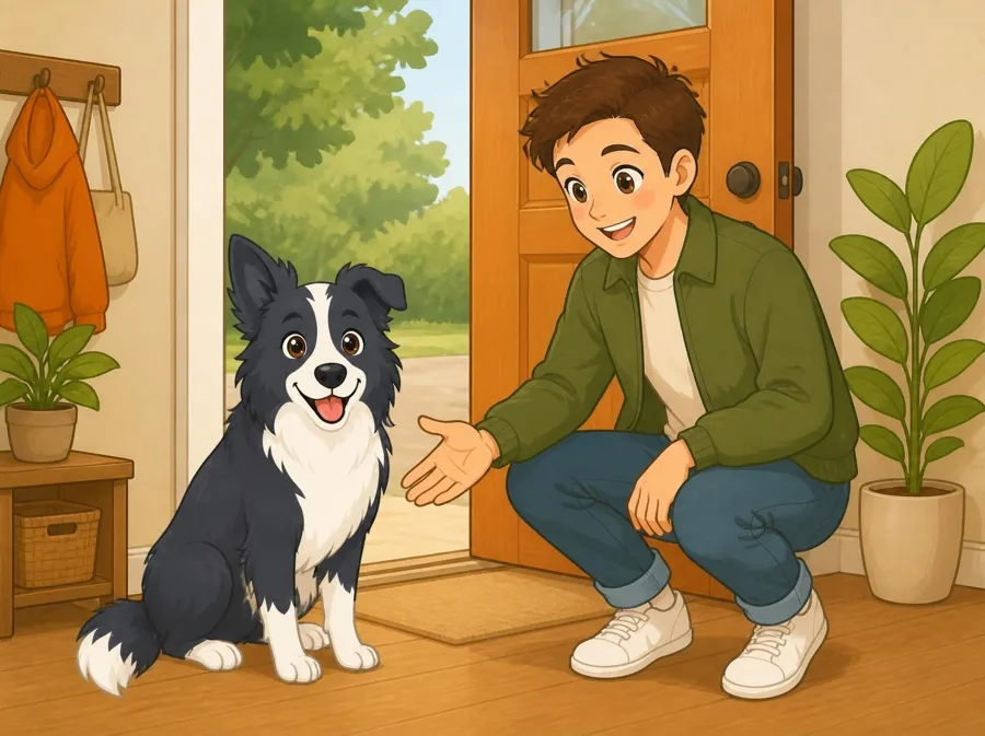 Tutora chegando em casa e Mozart esperando calmo