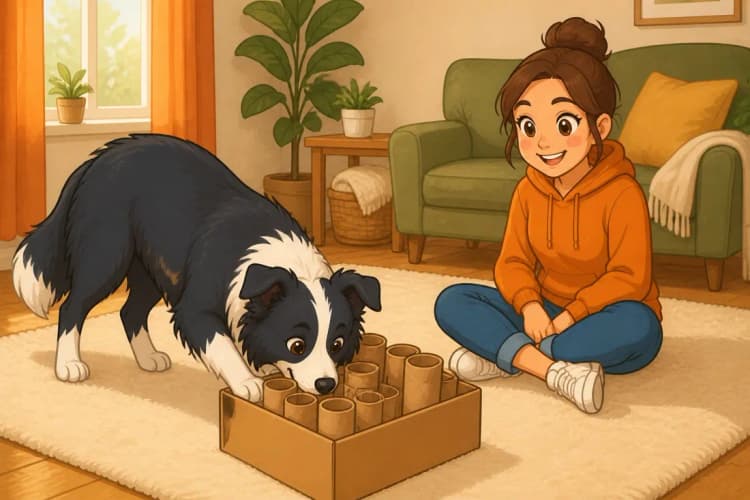 Mozart tirando petiscos de uma caixa com rolos de papel enquanto a tutora observa sentada no chão