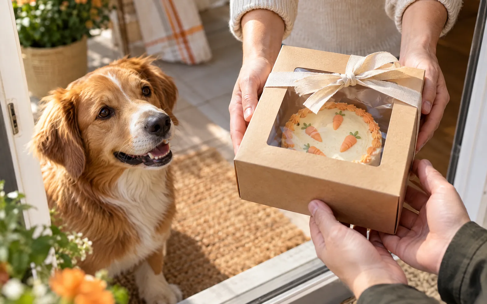 Fachada de uma confeitaria pet com vitrine de bolos para cães