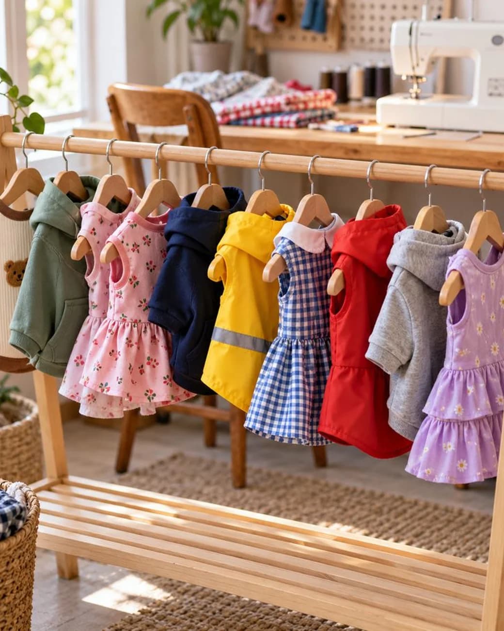 Arara de ateliê com roupinhas de cachorro costuradas à mão: regatas, moletons, vestidos e capas