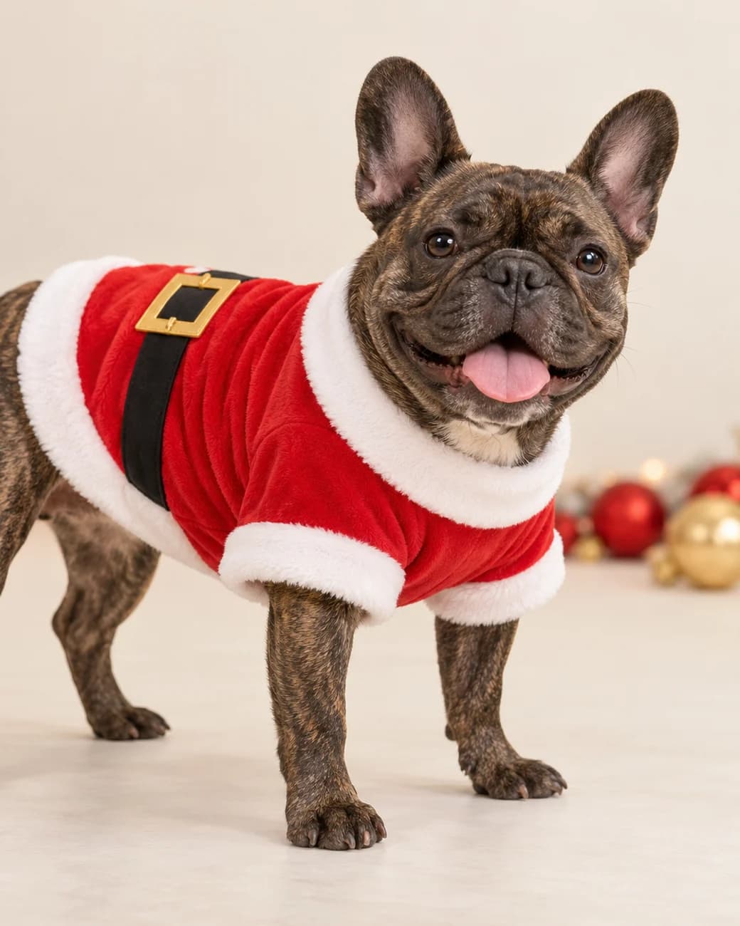 Buldogue francês vestindo uma roupa de Papai Noel vermelha com pelúcia branca e cinto preto