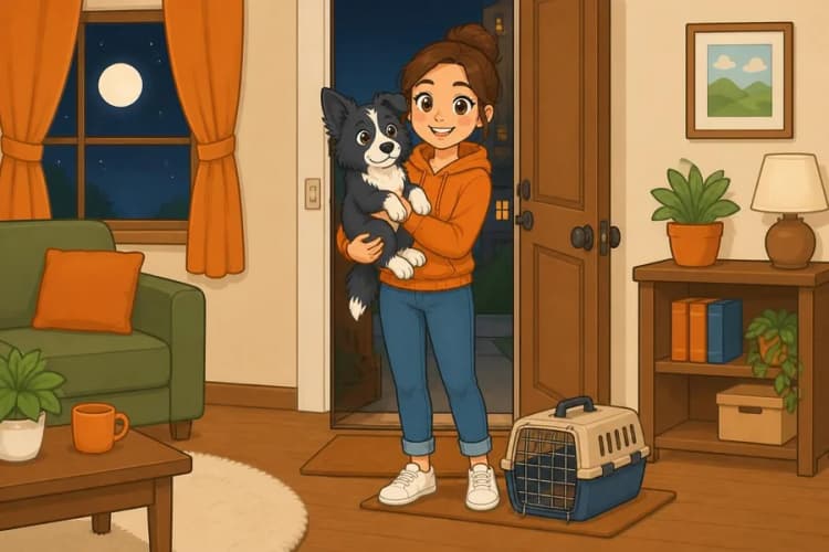 Tutora chegando em casa com o Mozart filhote no colo