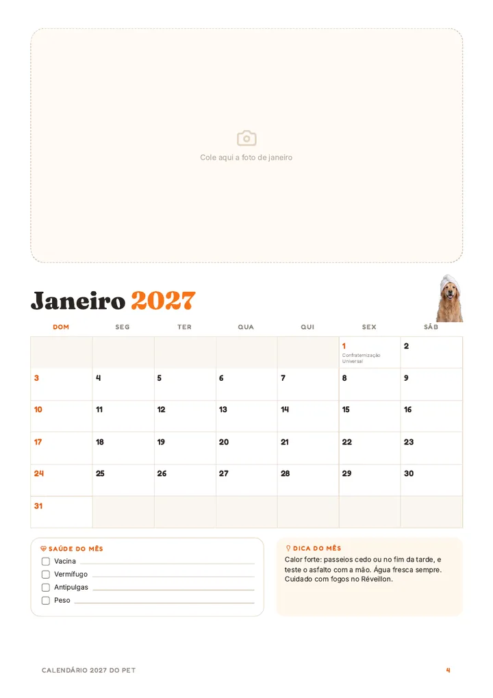 Página de janeiro do Calendário 2027 do Pet