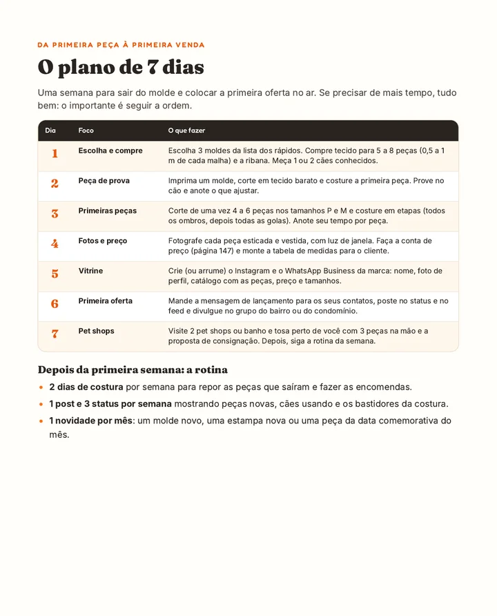 Página do plano de 7 dias do livro Moldes de Roupa Pet