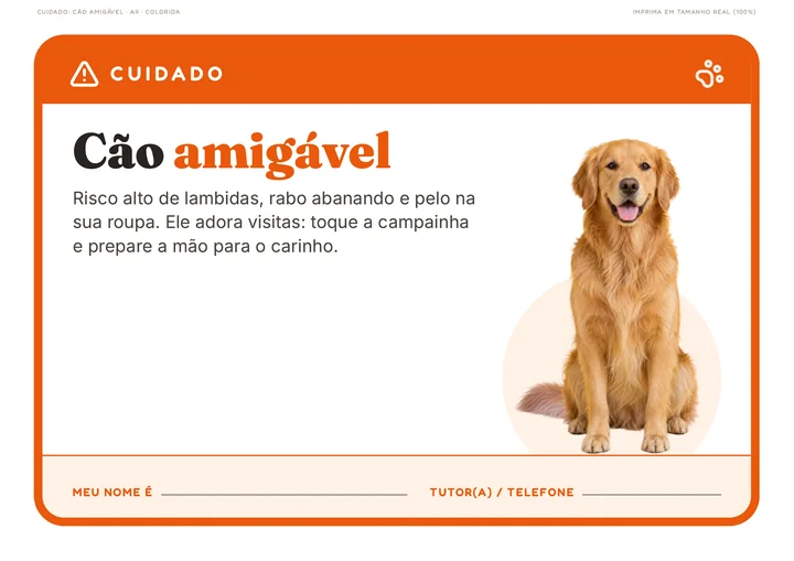Placa “Cuidado: cão amigável” em A4, colorida
