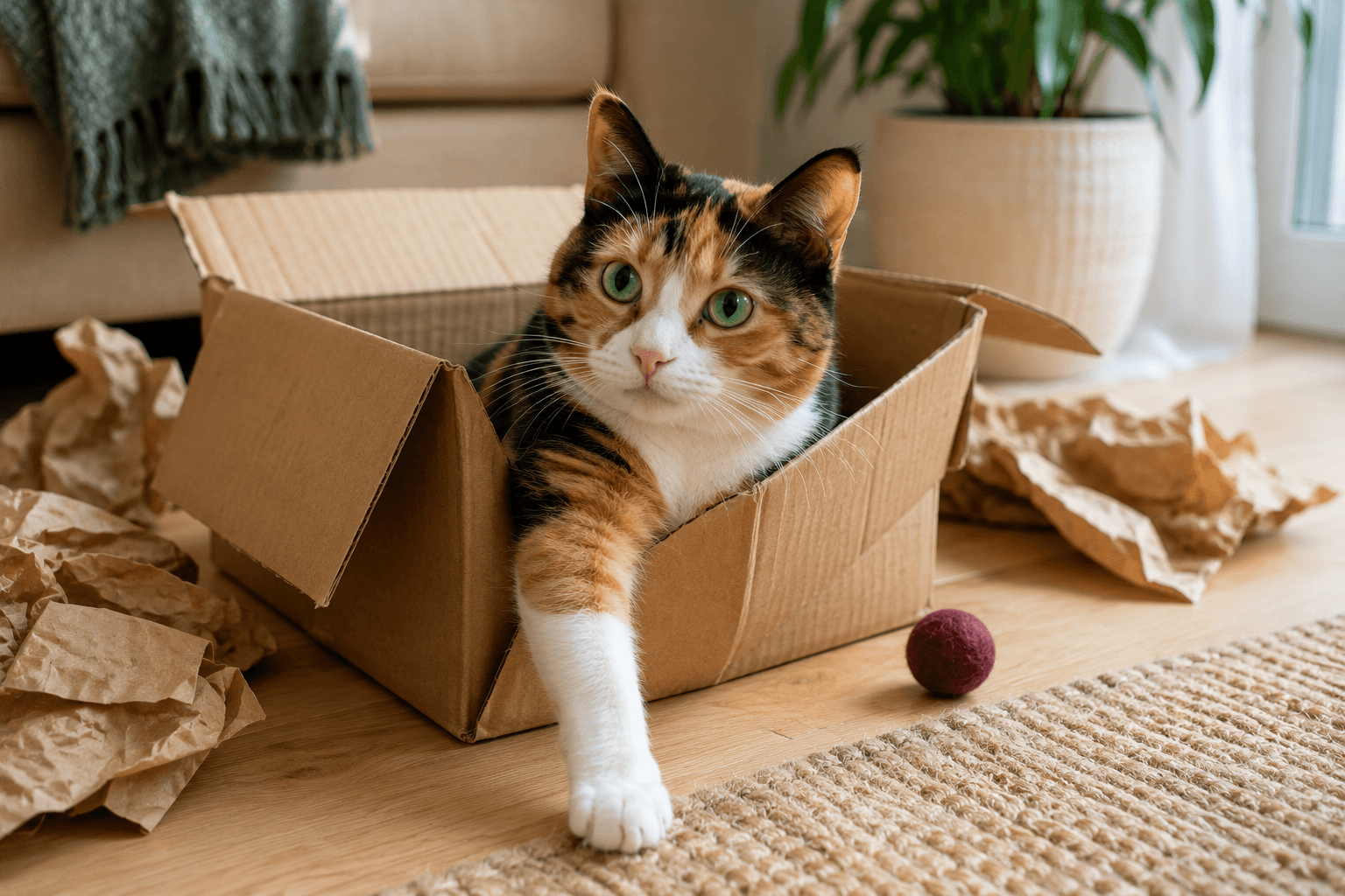 Para muitos gatos, uma caixa de papelão é abrigo, brincadeira e cantinho seguro ao mesmo tempo.
