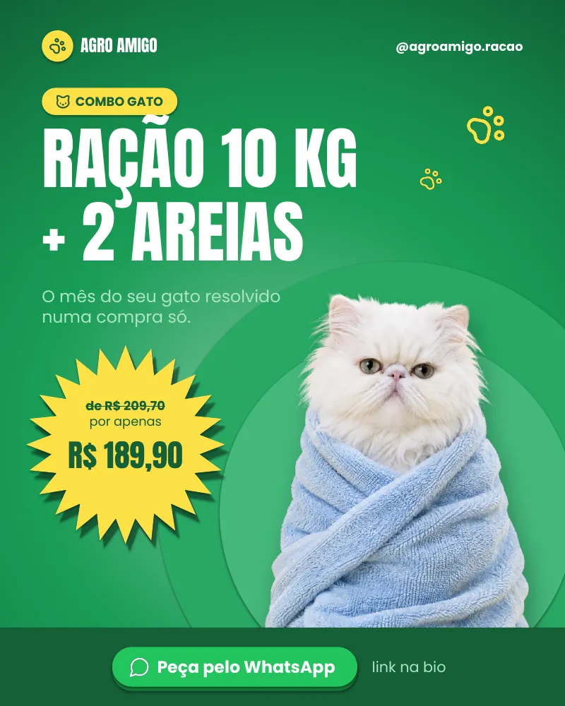 Post “Combo gato: ração 10 kg + 2 areias de 4 kg.”, edição verde