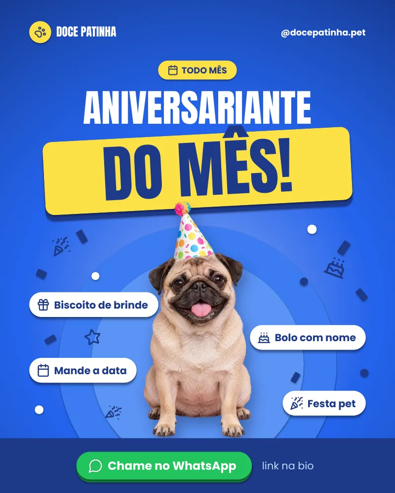 Post “Aniversariante do mês!” do Feed Pronto Confeitaria Pet