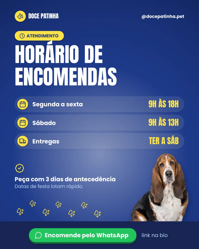Post “Horário de encomendas.” do Feed Pronto Confeitaria Pet